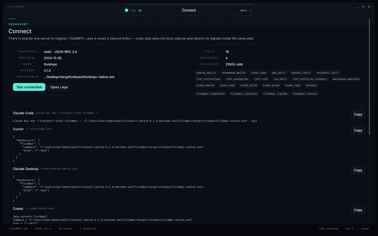 FluidMPC connect screen: four client configurations, the tool and resource counts, and the handshake test